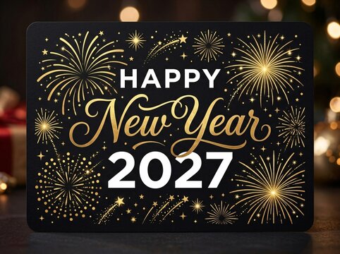 2027 happy new year sign with elegant gold firework illustrations on dark background
