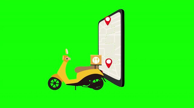 Food Delivery Scooter Navigating Digital Map with Location Pins for Online Delivery and Navigation Services