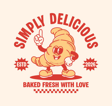 Retro croissant mascot with a playful vintage cartoon style and cheerful bakery artwork for apparel, t shirt, stickers, posters, and print  