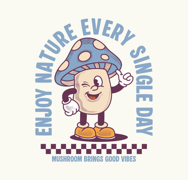 Retro mushroom mascot character with playful vintage cartoon style, colorful halftone texture, and cheerful nature artwork for apparel, t shirt, stickers, posters, and prints