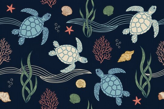 Seamless pattern featuring hand drawn sea turtles swimming among seaweed, coral, and seashells on a dark navy blue background, for textile