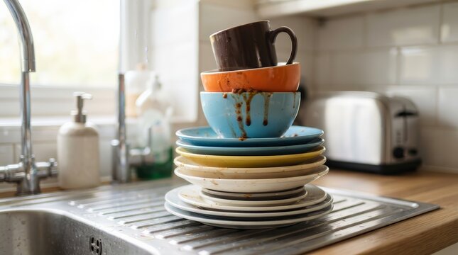 Chaos and waste in the kitchen with a stack of dirty dishes and scraps.