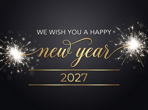 Happy new year 2027 greeting card design with gold sparkling fireworks on black