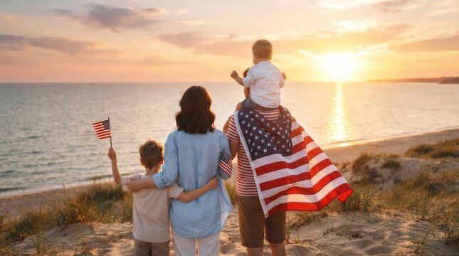 United American family with children holding flags at a sunset beach for July 4th memorial.
