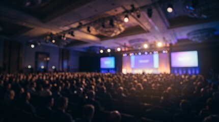 Naklejka premium Very Blurred Low Key Global Business Summit Audience with Blue Violet and Amber Stage Lights in Dark Modern Auditorium Background