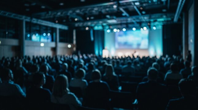 Very Blurred Low Key Healthcare Conference Audience with Deep Blue and Teal Stage Lights in Dark Modern Medical Congress Hall Background
