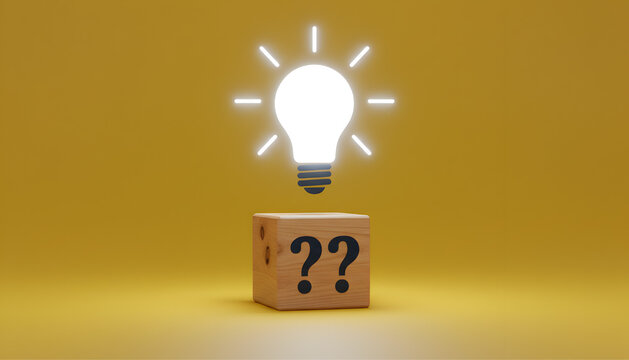 Bright light bulb icon on wooden cube representing innovative ideas