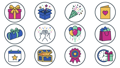 Fototapeta premium Gift and Celebration Icon Set with Presents, Surprise Box, Party Hat, Greeting Card, Balloons, Gift Bag, Calendar, Treasure Chest, Award, and Clock