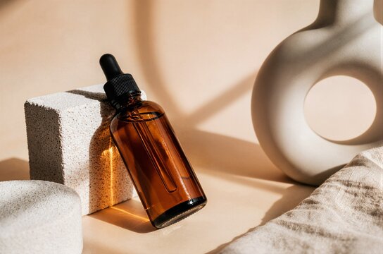 Amber glass dropper bottle standing on stone podium ideal for organic skincare branding cosmetic packaging and serum marketing