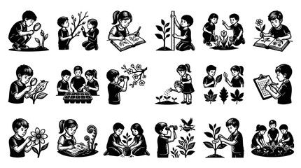 Fototapeta premium Educational Science: Black and White Illustrations of Children Learning about Nature, Plants, and Gardening