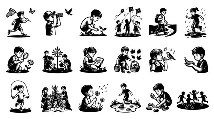 Fototapeta premium Black and White Vector Illustrations of Children Exploring Nature, Outdoor Play, Learning, and Environmental Activities