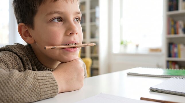 Thoughtful boy with pencil in mouth deep in concentration while studying at home