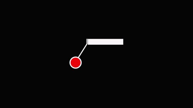 A red circle with a white outline connected by a thin white line to a white rectangular shape on a black background abstract composition Keywords: red circle, white.