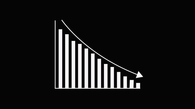 White Bar Chart with Downward Trend and Arrow on Black Background decreasing decline loss.