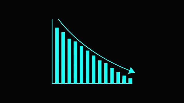 Cyan colored bar graph showing a steep downward trend with a sharp decline indicated by an arrow against a plain black background representing financial loss.