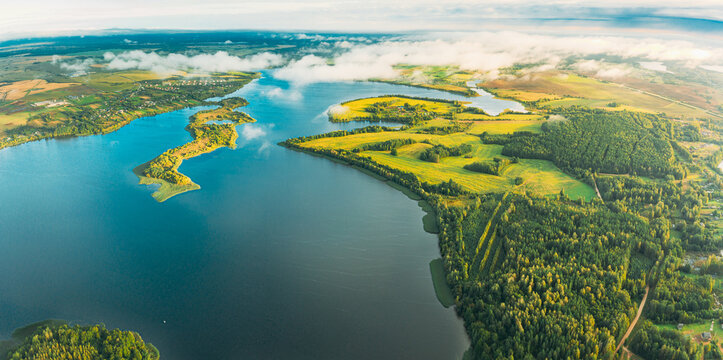 Lyepyel District, Lepel Lake, Beloozerny District, Vitebsk Region. Aerial View Of Residential Area With Houses In Countryside. Morning Fog Above Lepel Lake. Top View Of European Nature From High
