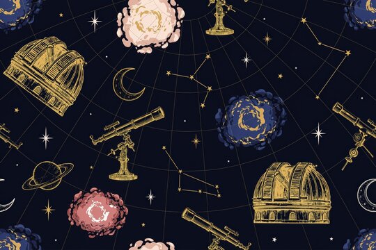 Seamless pattern featuring hand-drawn astronomical like telescopes, observatory domes, planets, stars, and constellations on dark blue