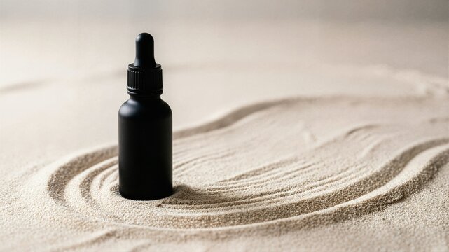 Matte black dropper bottle standing on raked zen sand pattern ideal for natural essential oil branding organic skincare packaging and holistic wellness marketing