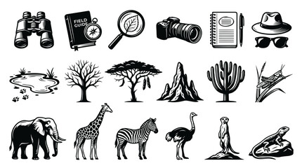 Obraz premium Black and White Vector Icons for Safari Wildlife, Nature Exploration, and Adventure Gear Illustrations Set