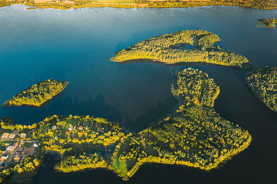 Lyepyel, Lepel Lake, Beloozerny District, Vitebsk Region. Aerial View Of Lyepyel Cityscape Skyline In Autumn Morning. Morning Fog Above Lepel Lake. Top View Of European Nature From High Attitude In