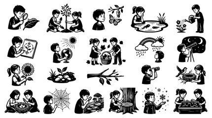 Obraz premium Educational Nature Exploration Black and White Line Art Vector Set with Kids Discovering Science and Environment