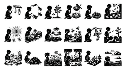 Fototapeta premium Black and White Line Art Children Observing Nature: Insects, Plants, Animals