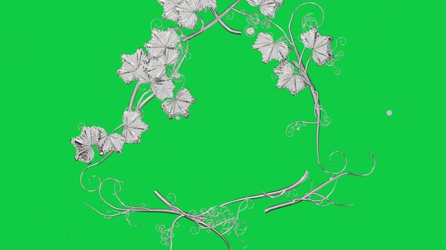 Short stem and dot starting assembly, white vines joining and forming wreath on transparent field