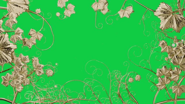 dots pulsing sparking gold vines unfurling and forming metal frame along edges on transparent field