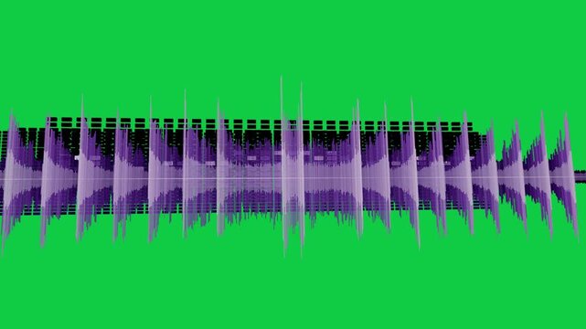 Audio start driving purple waveform pulsing, EQ shifting, zooming to show peaks on transparent bg