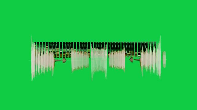 Beige waveform splitting, pulsing on beat, gold bars rising showing sound on transparent canvas