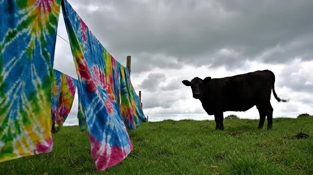 Bright tie dye fabrics hang on a fence near a cow