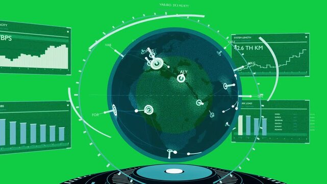 System booting teal globe floating rotating while HUD updating load metrics on transparent backdrop