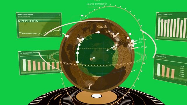 Base activating, holo globe forming, background transparent, nodes pulsing, panels updating metrics