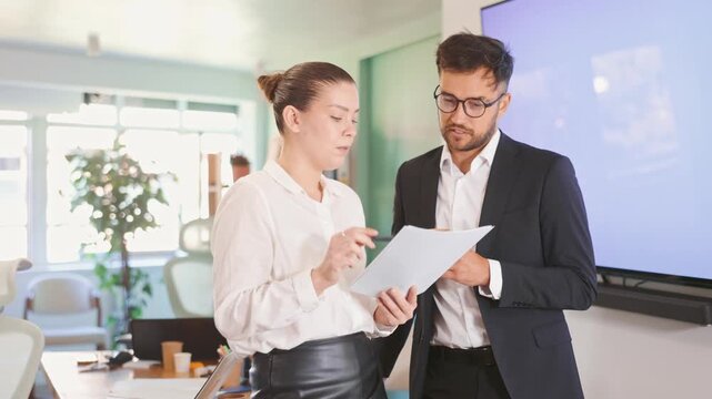 Man and a woman work in an office, they stand near the table and carefully look through the documents, they discuss what edits to make. High quality 4k footage