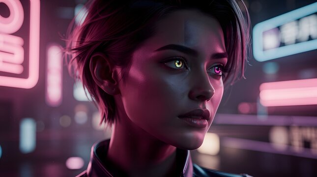Portrait of a young woman with glowing eyes in a futuristic cyberpunk city street.