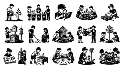Fototapeta premium Children Exploring Nature, Recycling, Gardening Science: Line Art
