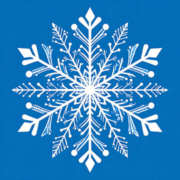 Isolated white snowflake ornate design on a vibrant blue background, symbolizing winter and cold weather