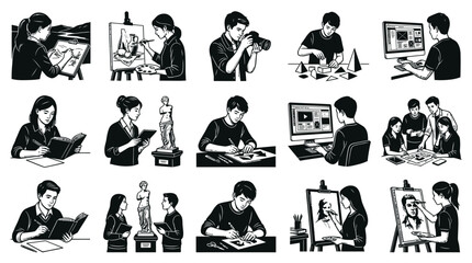 Fototapeta premium Art, Design Creativity: Black White Line Art Illustrations of Artists, Students, and Professionals
