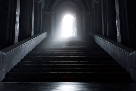 Dark stairs leading to bright open door