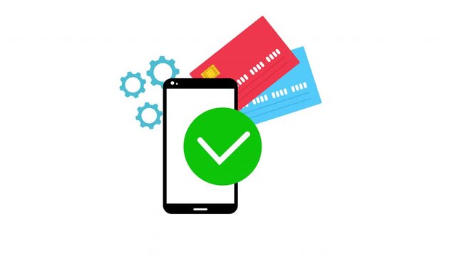Mobile Payment Concept with Smartphone, Credit Cards, Gear Icons and Green Checkmark for Digital Transaction Approval