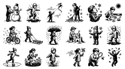 Naklejka premium Children enjoying seasons, Black and White Line Art, Kids activities vector
