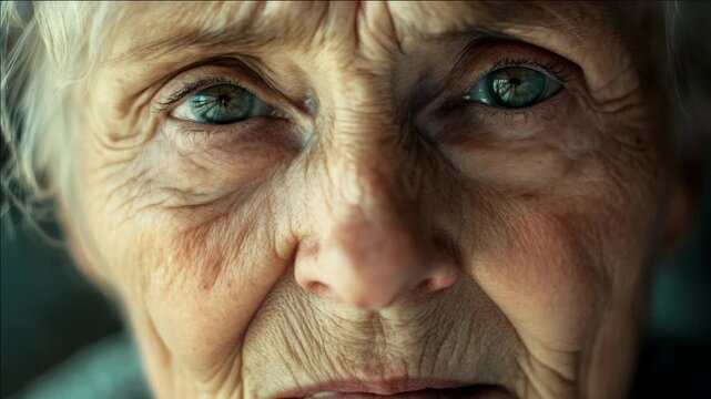 Close-up portrait of elderly woman with aged skin, showing lines of life and experience, set against blurred background.