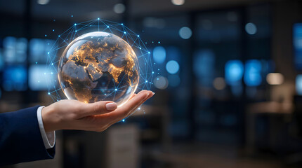 Fototapeta premium Businesswoman Hand Holding Glowing Glass Globe With Digital Network Connections