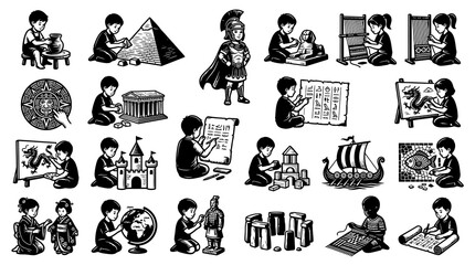 Fototapeta premium Black and White Line Art Children Exploring History and Art Around the World