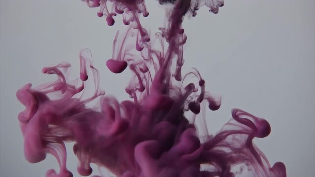 Deep plum ink feathers and disperses through clear water in soft continuous tendrils, spreading gently under even overhead lighting against soft grey with elegant minimalist fluid motion.