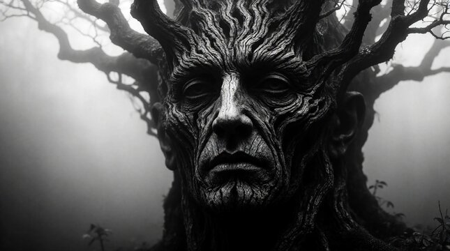 Surreal black and white image shows a face integrated with tree bark and branches. Mystical portrait of man merged with ancient wood in foggy forest.