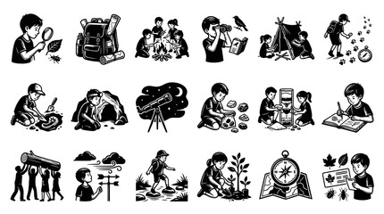 Fototapeta premium Monochrome Kids Outdoor Adventure Science Learning Vector Illustrations Set