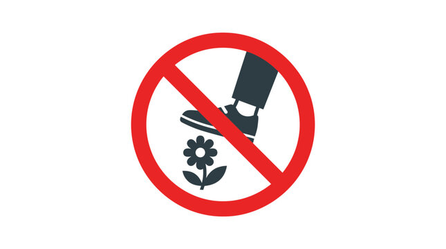 Prohibitive warning sign showing foot stepping on flower illustrated in flat bold red graphic style