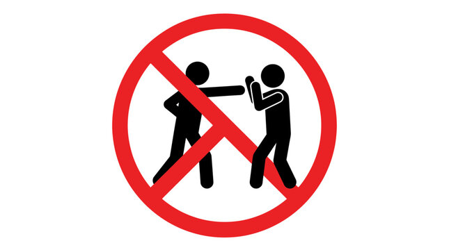 Prohibited fighting sign depicting two stick figures clashing inside a bold red circular warning icon symbol