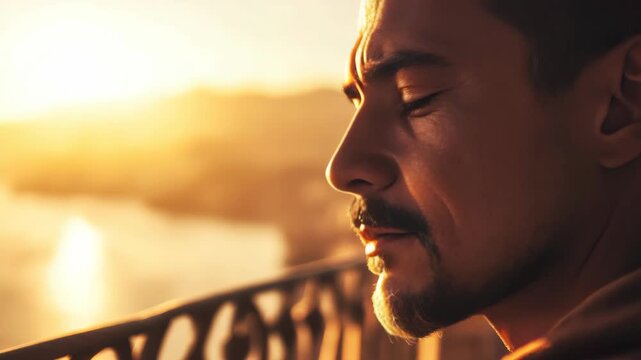 Man in deep thought at sunset with water and bridge background.